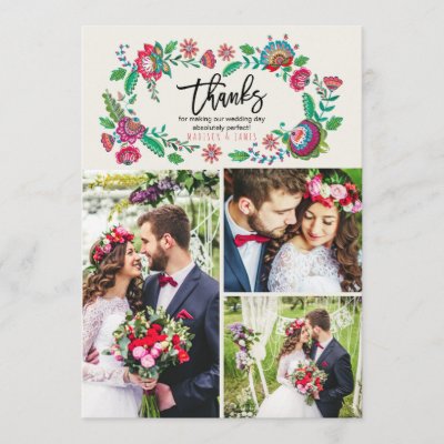 Folk Flowers | Thank you | Wedding | 3 Photos Card