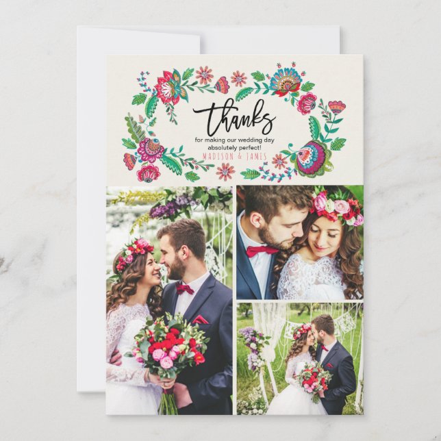Folk Flowers | Thank you | Wedding | 3 Photos Card (Front)