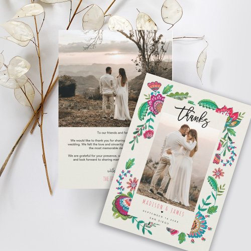 Folk Flowers Thank you Wedding Photo Card