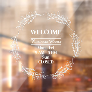 Folk Flowers Wreath Business Shop Opening Hours Window Cling
