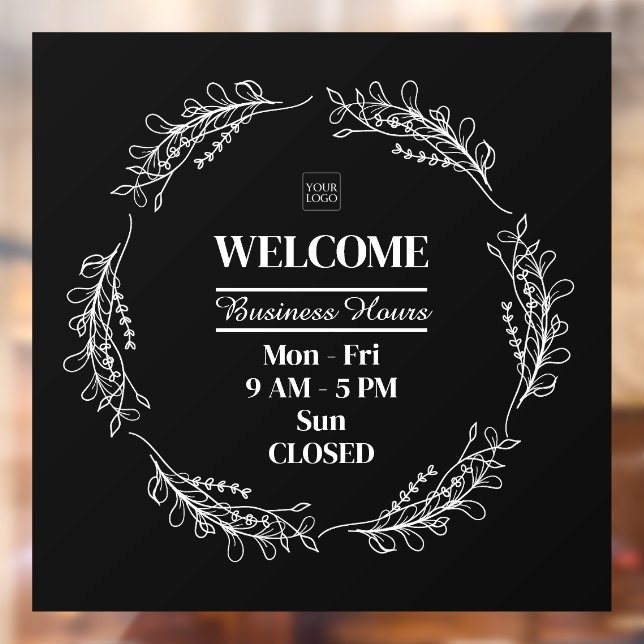 Folk Flowers Wreath Business Shop Opening Hours Window Cling (Sheet 2)
