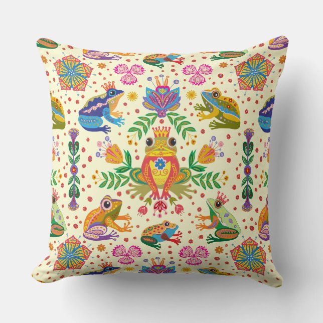 Folk Frogs & Floral Fantasia Cushion (Front)