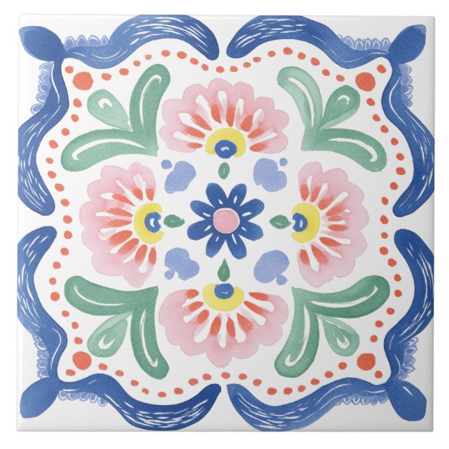 Folk Garden Watercolor Ceramic Tile (Front)