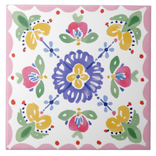 Folk Garden Watercolor Ceramic Tile
