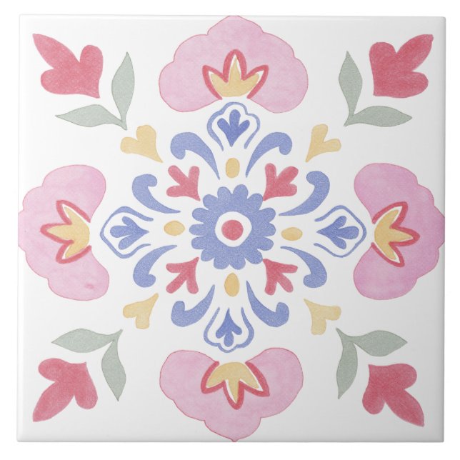 Folk Garden Watercolor Ceramic Tile (Front)