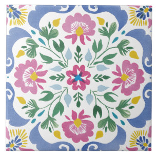 Folk Garden Watercolor Ceramic Tile