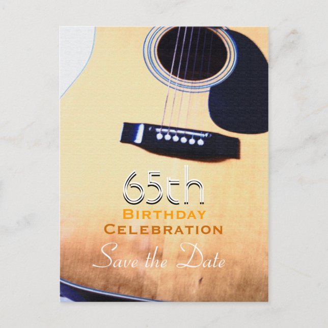 Folk Guitar 65th Birthday Save the Date Postcard (Front)