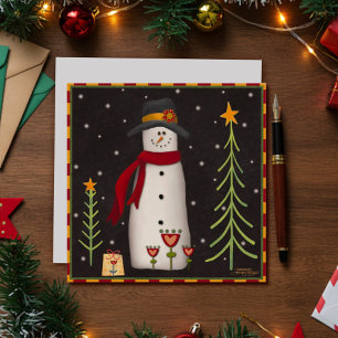 Folk Happy Snowman Cute Christmas Holiday Card