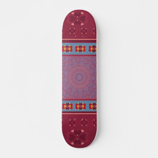Folk Heart Pattern and Blue Lace Skateboard Deck (Front)