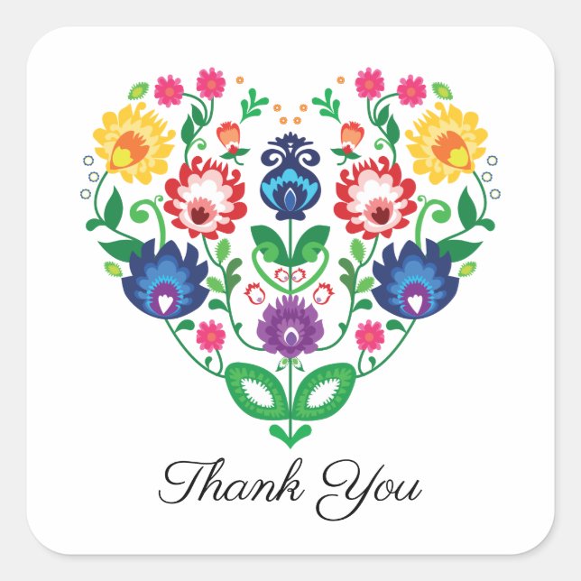 Folk heart with custom text square sticker (Front)