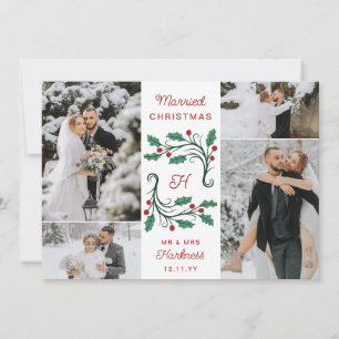 Folk Holly Monogram Married Christmas 4 Photos Holiday Card
