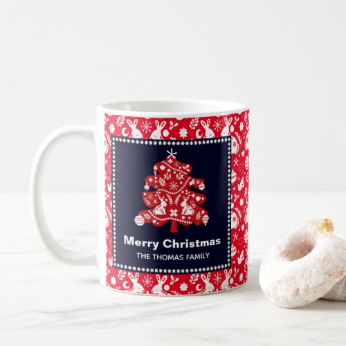 Folk Navy Red Christmas Tree Bunny Floral Pattern Coffee Mug