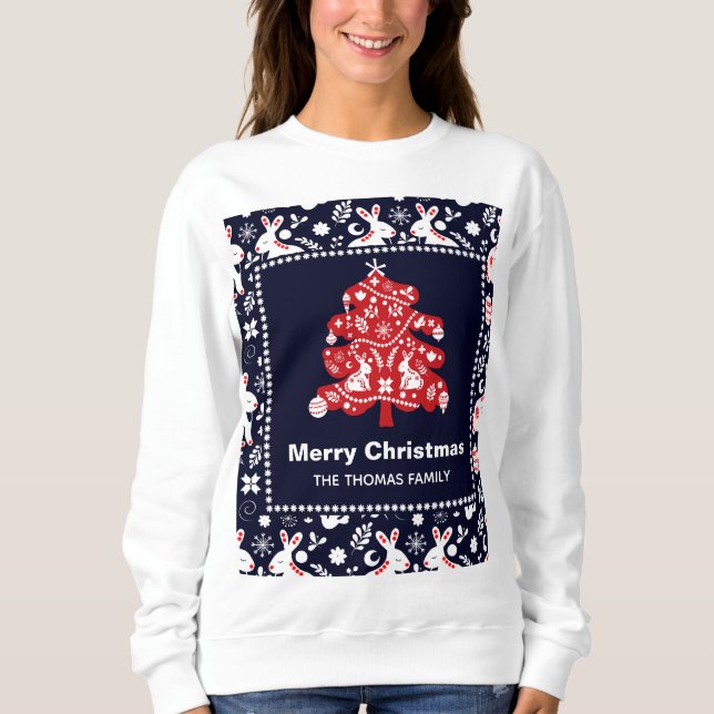 Folk Navy Red Christmas Tree Bunny Floral Sweatshirt (Front)