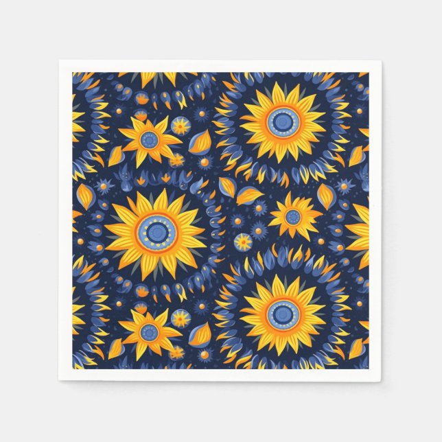 Folk navy yellow sun flowers napkins (Front)