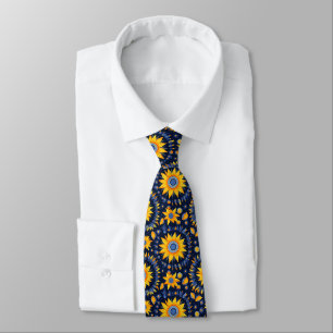 Folk navy yellow sun flowers neck tie