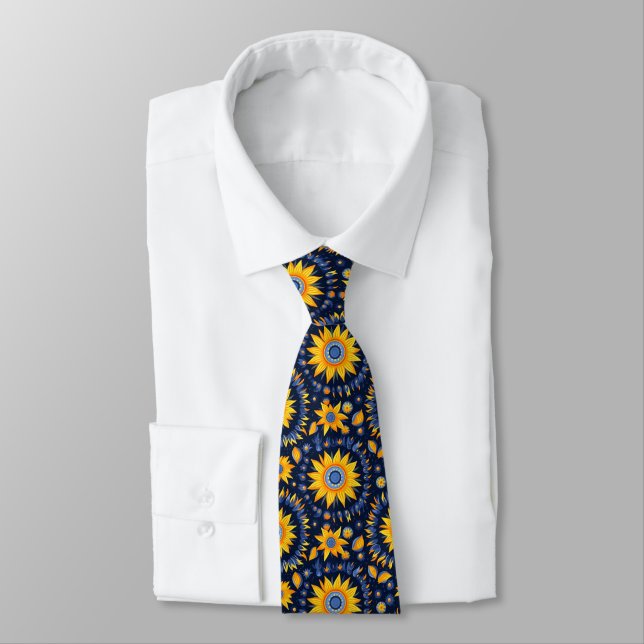 Folk navy yellow sun flowers neck tie (Tied)