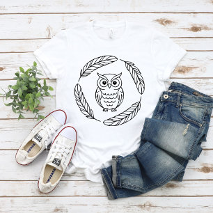 Folk Owl Line Art Surrounded by Feathers T-Shirt