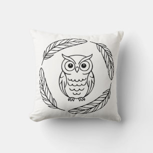 Folk Owl Line Art Surrounded by Feathers Throw Pillow