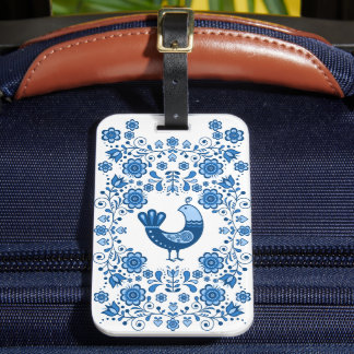 Folk Partridge bird floral flower design/white B Luggage Tag