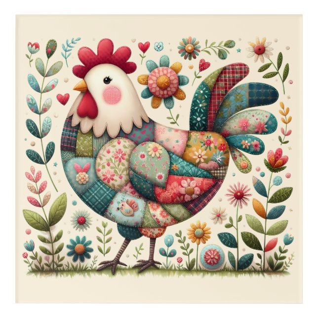 Folk Patchwork Rooster with Floral Accents Acrylic Print (Front)