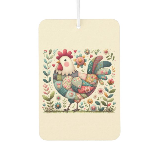 Folk Patchwork Rooster with Floral Accents Air Freshener (Front)