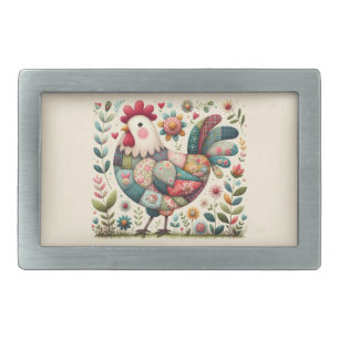 Folk Patchwork Rooster with Floral Accents Belt Buckle