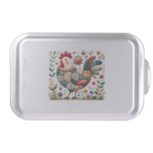 Folk Patchwork Rooster with Floral Accents Cake Pan