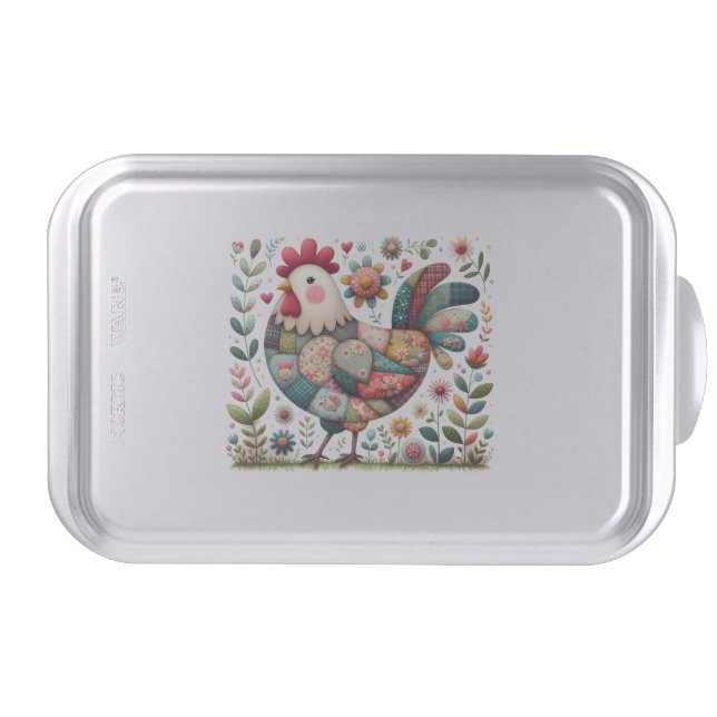 Folk Patchwork Rooster with Floral Accents Cake Pan (Front)