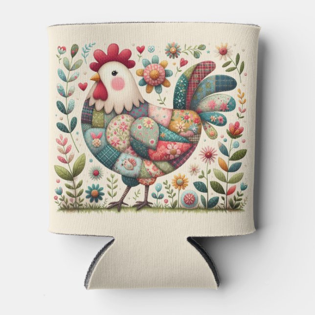 Folk Patchwork Rooster with Floral Accents Can Cooler (Front)