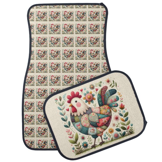 Folk Patchwork Rooster with Floral Accents Car Floor Mat (Set)