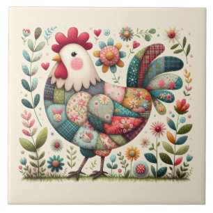 Folk Patchwork Rooster with Floral Accents Ceramic Tile