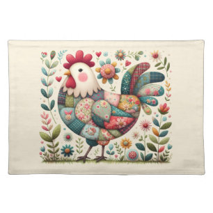 Folk Patchwork Rooster with Floral Accents Cloth Placemat