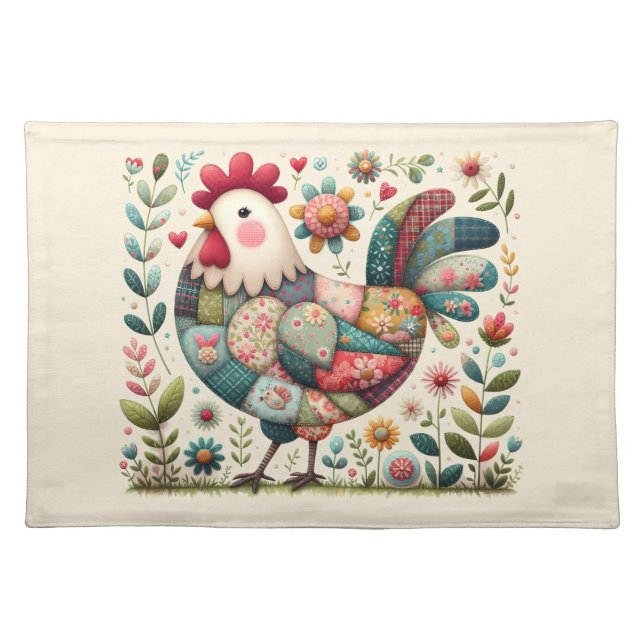 Folk Patchwork Rooster with Floral Accents Cloth Placemat (Front)