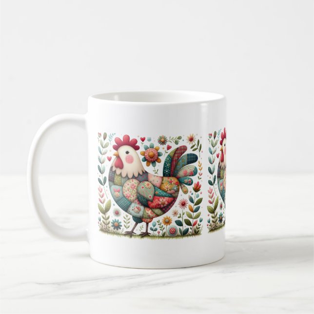 Folk Patchwork Rooster with Floral Accents Coffee Mug (Left)
