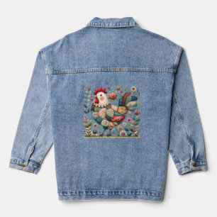Folk Patchwork Rooster with Floral Accents Denim Jacket