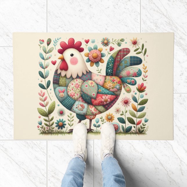 Folk Patchwork Rooster with Floral Accents Doormat (Indoor)