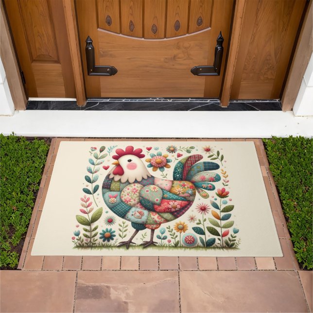 Folk Patchwork Rooster with Floral Accents Doormat (Outdoor)