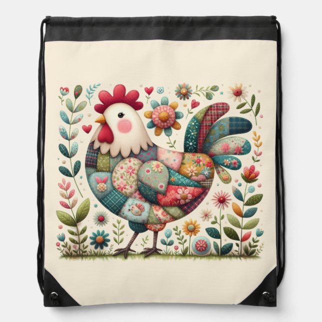 Folk Patchwork Rooster with Floral Accents Drawstring Bag (Front)