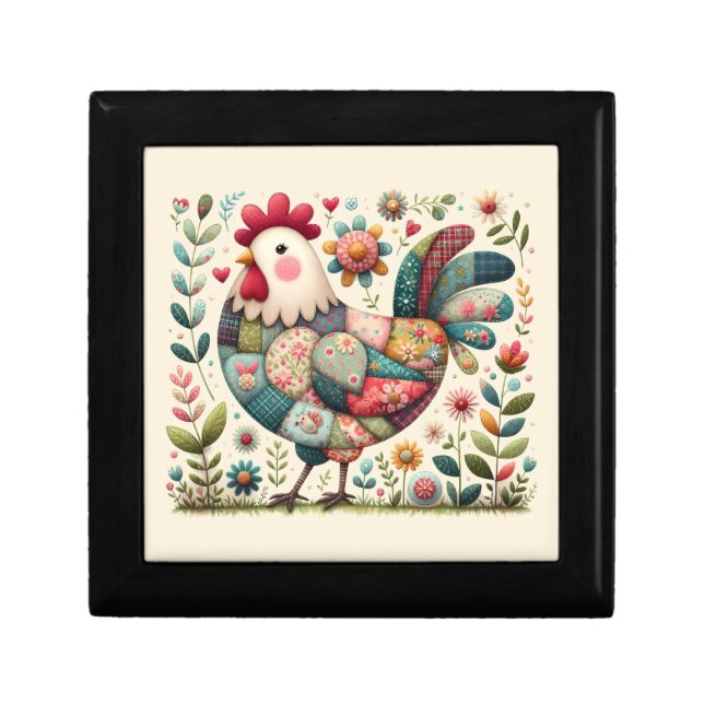 Folk Patchwork Rooster with Floral Accents Gift Box (Front)