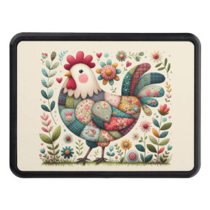Folk Patchwork Rooster with Floral Accents Hitch Cover