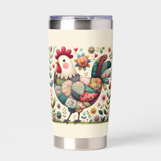 Folk Patchwork Rooster with Floral Accents Insulated Tumbler (Front)