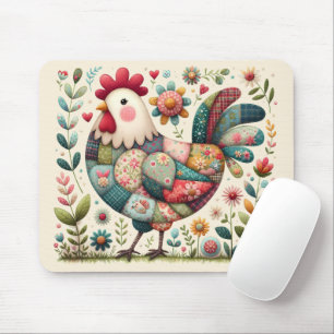Folk Patchwork Rooster with Floral Accents Mouse Pad
