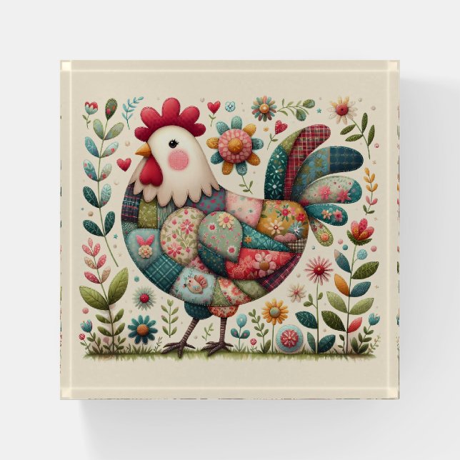 Folk Patchwork Rooster with Floral Accents Paperweight (Front)