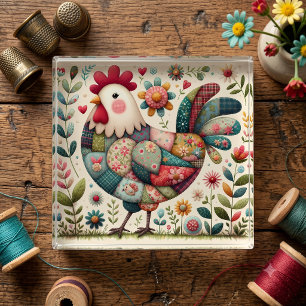Folk Patchwork Rooster with Floral Accents Paperweight
