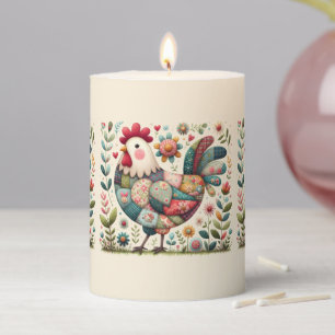 Folk Patchwork Rooster with Floral Accents Pillar Candle
