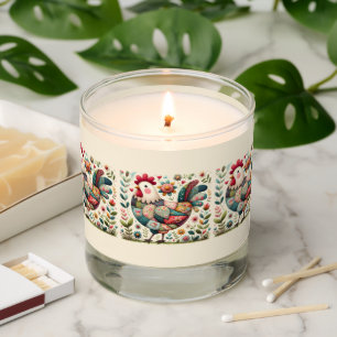 Folk Patchwork Rooster with Floral Accents Scented Candle