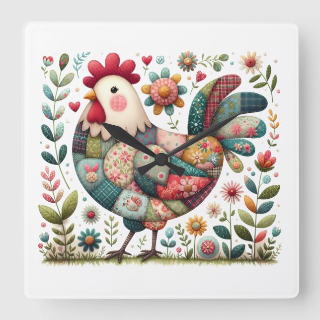 Folk Patchwork Rooster with Floral Accents Square Wall Clock (Front)