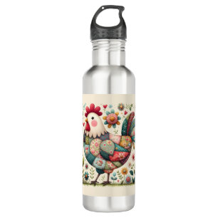 Folk Patchwork Rooster with Floral Accents Stainless Steel Water Bottle
