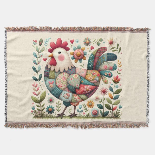 Folk Patchwork Rooster with Floral Accents Throw Blanket (Front)