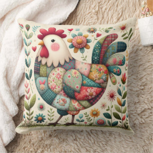 Folk Patchwork Rooster with Floral Accents Throw Pillow